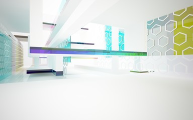 abstract architectural interior with white sculpture and geometric gradient glass lines. 3D illustration and rendering