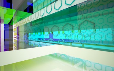 Obraz premium abstract architectural interior with gradient geometric glass sculpture. 3D illustration and rendering