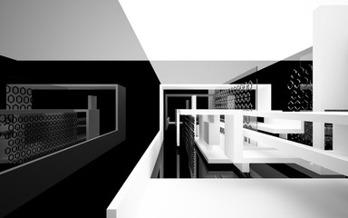 Abstract white interior of the future, with glossy black wall and floor. 3D illustration and rendering
