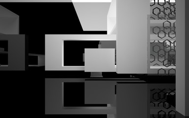 Abstract white interior of the future, with glossy black wall and floor. 3D illustration and rendering