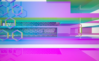 Abstract dynamic interior with gradient colored objects. 3D illustration and rendering