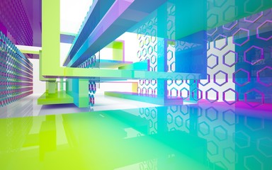 Abstract dynamic interior with gradient colored objects. 3D illustration and rendering