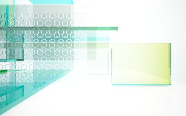 abstract architectural interior with bluet geometric glass sculpture. 3D illustration and rendering