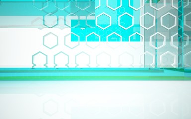 abstract architectural interior with bluet geometric glass sculpture. 3D illustration and rendering