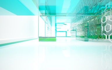 abstract architectural interior with bluet geometric glass sculpture. 3D illustration and rendering