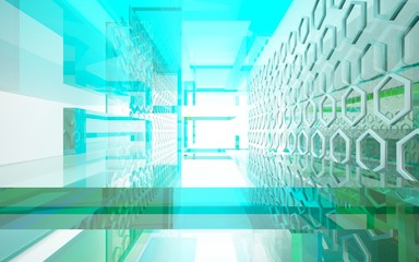 Fototapeta na wymiar abstract architectural interior with bluet geometric glass sculpture. 3D illustration and rendering