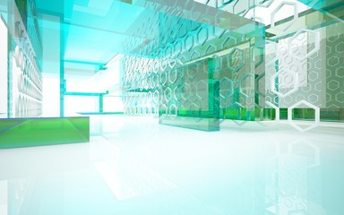 abstract architectural interior with bluet geometric glass sculpture. 3D illustration and rendering