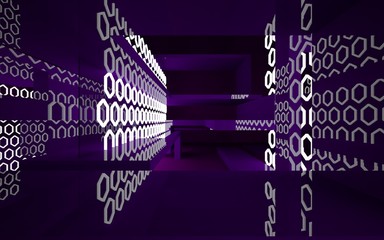 Abstract interior of the future in a minimalist style with violet sculpture. Night view . Architectural background. 3D illustration and rendering