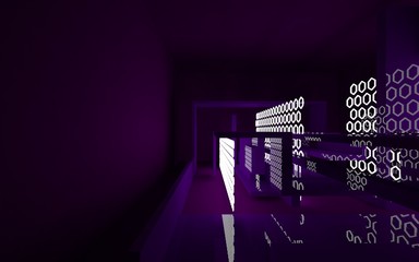 Abstract interior of the future in a minimalist style with violet sculpture. Night view . Architectural background. 3D illustration and rendering