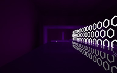 Abstract interior of the future in a minimalist style with violet sculpture. Night view . Architectural background. 3D illustration and rendering