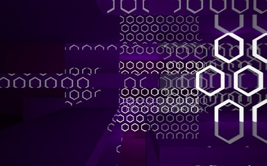Abstract interior of the future in a minimalist style with violet sculpture. Night view . Architectural background. 3D illustration and rendering