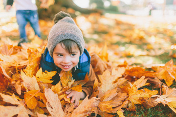 A happy little boy lying in a pile of leaves. 