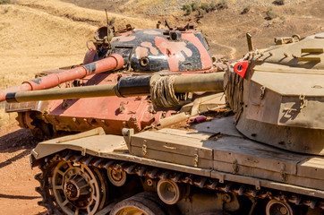 Syrian T62 tank facing an Israeli Centurion tank on the Valley of Tears from the Yom Kippur War in Israel in 1973