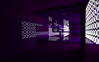 Abstract interior of the future in a minimalist style with violet sculpture. Night view . Architectural background. 3D illustration and rendering