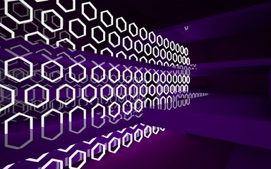 Fototapeta premium Abstract interior of the future in a minimalist style with violet sculpture. Night view . Architectural background. 3D illustration and rendering