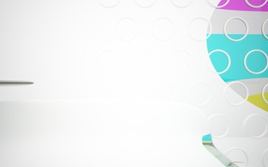 White smooth abstract architectural background whith colored gradient lines . 3D illustration and rendering