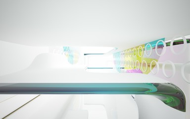 White smooth abstract architectural background whith colored gradient lines . 3D illustration and rendering