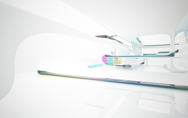 White smooth abstract architectural background whith colored gradient lines . 3D illustration and rendering