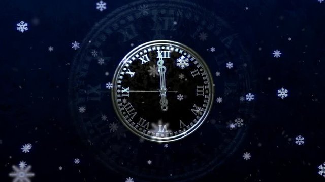 Animated background with silver mechanical clock counting down last 20 seconds to the New Year on dark blue background with snowflakes flying around