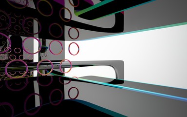 Abstract dynamic white interior with black and gradient colored smooth objects. 3D illustration and rendering