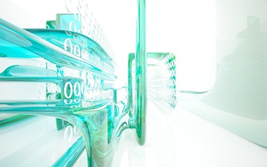 abstract architectural interior with blue smooth glass sculpture. 3D illustration and rendering