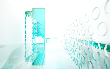 abstract architectural interior with blue smooth glass sculpture. 3D illustration and rendering