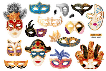 Hand drawn venetian carnival masks collection - obrazy, fototapety, plakaty