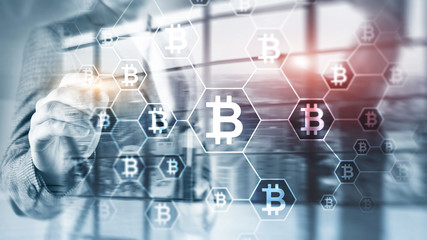 Bitcoin, Blockchain concept on server room background.