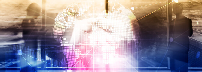 Naklejka premium Double exposure mixed media. 3D Earth planet hologram and communication structure. World wide network and globalization concept