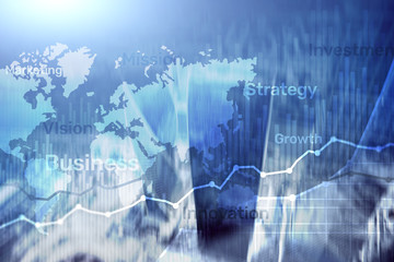 Business abstract background double exposure graph, chart and diagram. World wide map and. Global business and financial trading concept