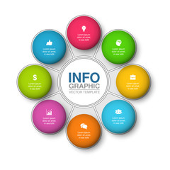 Vector infographic template for circular diagram, graph, presentation, chart, business concept with 8 options.