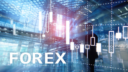 Fototapeta na wymiar Forex trading, financial candle chart and graphs on blurred business center background.
