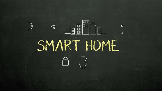 Chalk drawing of 'SMART HOME' and various connected IoT icon, 4k animation.