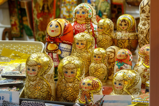 Moscow, Russia, December 4, 2018: Big range of Matreshka-dolls (traditional Russian wooden toys) in the store
