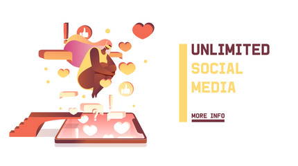 Isolated on white girl in diver mask and swimsuit jumping in a variety of virtual social life in her smarphone. Bright composition drawn in pastel yellow and peach, good for banners and ads