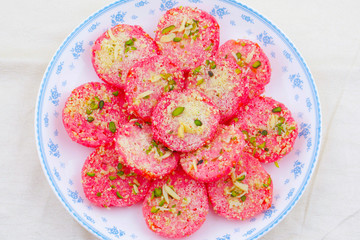 Indian Traditional Bengali Sweet Food Chena Toast Also Called Chhena Sweets, Bangla Sweet or Bengali Dessert Made From Fried Toast Dipped in Sugar Syrup and Sometimes Topped with Dry Fruits
