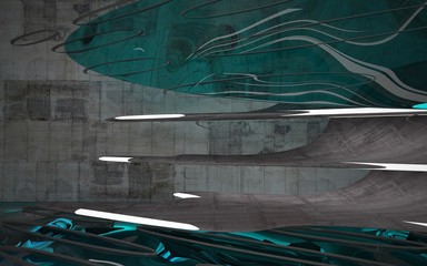Empty dark abstract concrete room smooth interior with blue water. Architectural background. Night view of the illuminated. 3D illustration and rendering