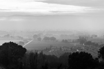 Moody view of Umbria valley (Italy) in the midst of autumn mist