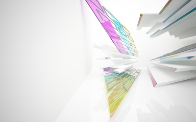 abstract architectural interior with white sculpture and geometric gradient glass lines. 3D illustration and rendering