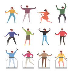 Fototapeta na wymiar Various poses set of people playing VR games. concept illustration. flat design vector graphic style.