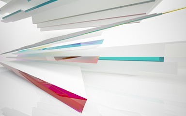 abstract architectural interior with white sculpture and geometric gradient glass lines. 3D illustration and rendering