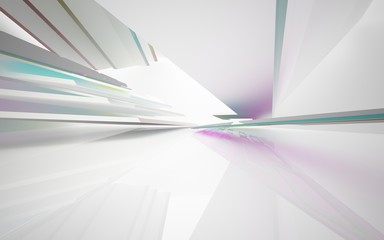abstract architectural interior with white sculpture and geometric gradient glass lines. 3D illustration and rendering