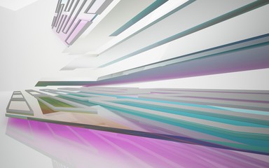 abstract architectural interior with white sculpture and geometric gradient glass lines. 3D illustration and rendering