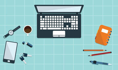 Illustration of Office Workspace Table Computer Business Flat Design Top View