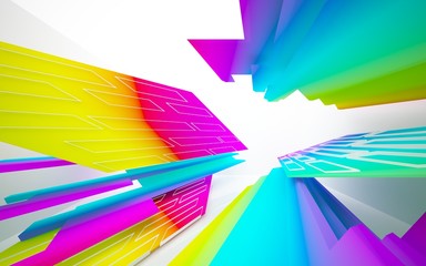 Abstract dynamic interior with gradient colored objects. 3D illustration and rendering
