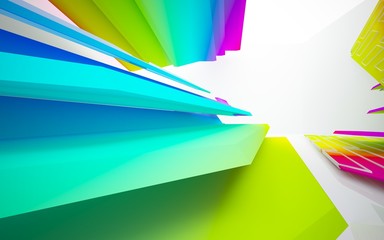 Abstract dynamic interior with gradient colored objects. 3D illustration and rendering