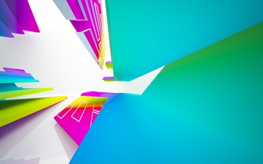 Abstract dynamic interior with gradient colored objects. 3D illustration and rendering