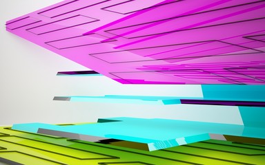 Abstract dynamic interior with gradient colored objects. 3D illustration and rendering