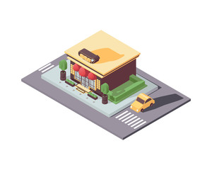 Isometric building jewelry shop isolated on white. 3d illustration good for city creation. Large showcase, greenery and car with shadows, drawn in bright colors