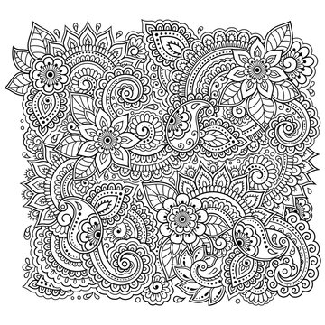 Outline floral pattern for coloring book page. Antistress for adults and children. Doodle ornament in black and white. Hand draw vector illustration.